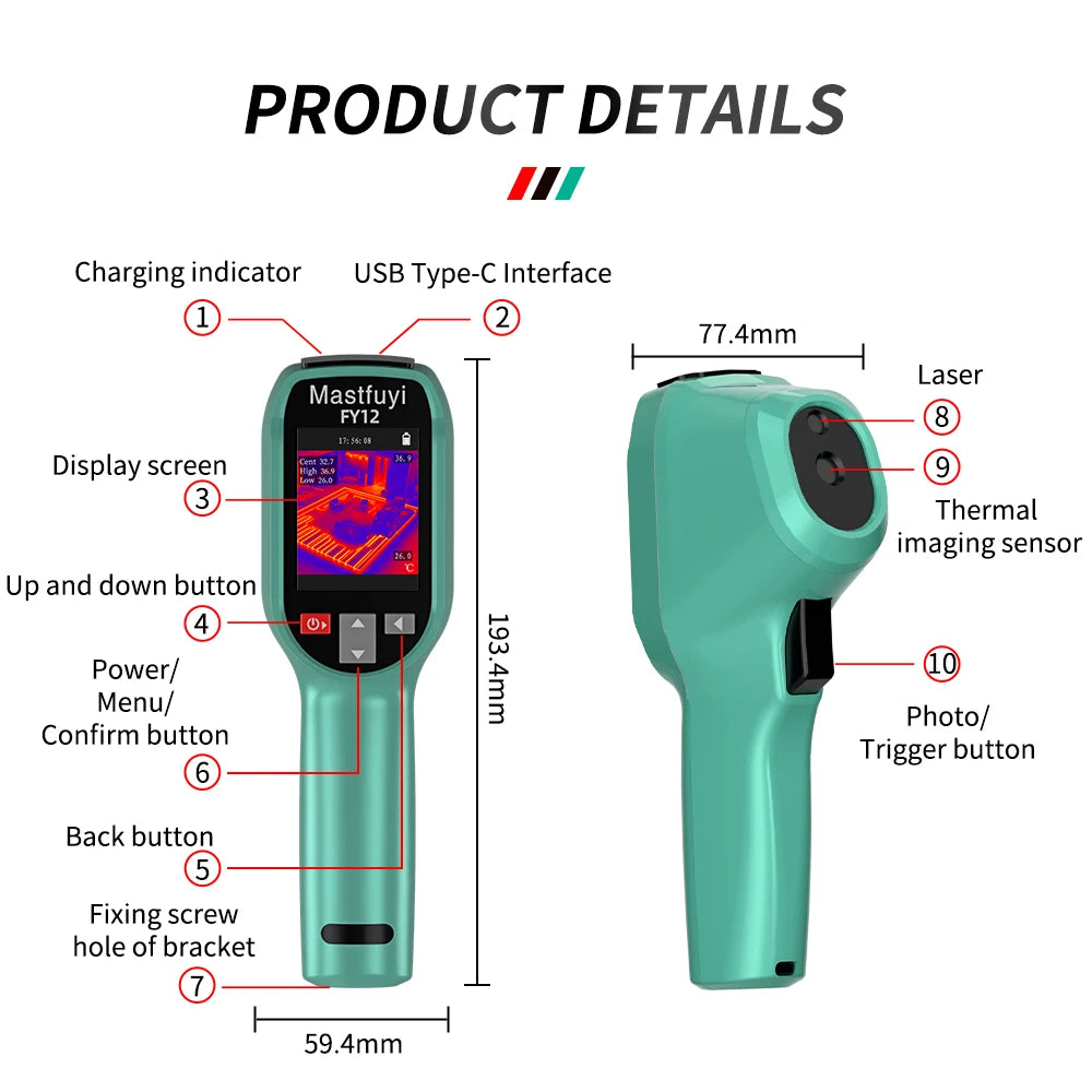 MASTFUYI Rechargeable Thermal Imaging Camera – Handheld Infrared Imager, -20℃ to 550℃, Waterproof, Dustproof & Drop Resistant
