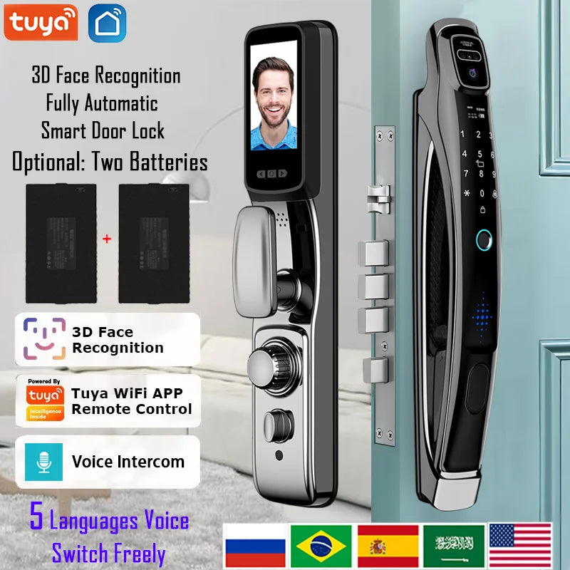 WiFi Tuya APP Face Recognition Smart Door Lock – Camera, Video Call, Voice Intercom & Automatic Digital Lock