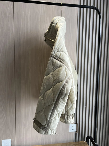 2024 ETJ Quilted Women's Coat – Beige Drawstring High Neck Jacket with Ties & Pockets