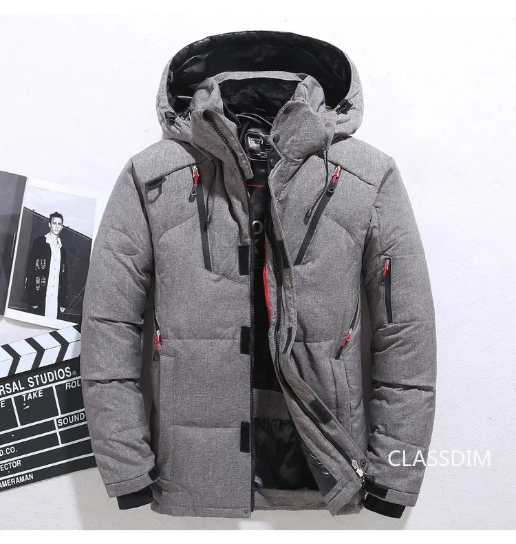 Men's Winter Hooded Puffer Jacket – White Duck Down Coat, Windproof & Warm Outdoor Parka, Size 5