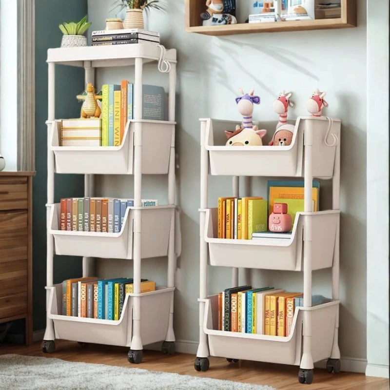 Movable Trolley Bookshelf – Portable Kitchen, Bathroom, and Living Room Storage Cabinet with Corner Narrow Shelf