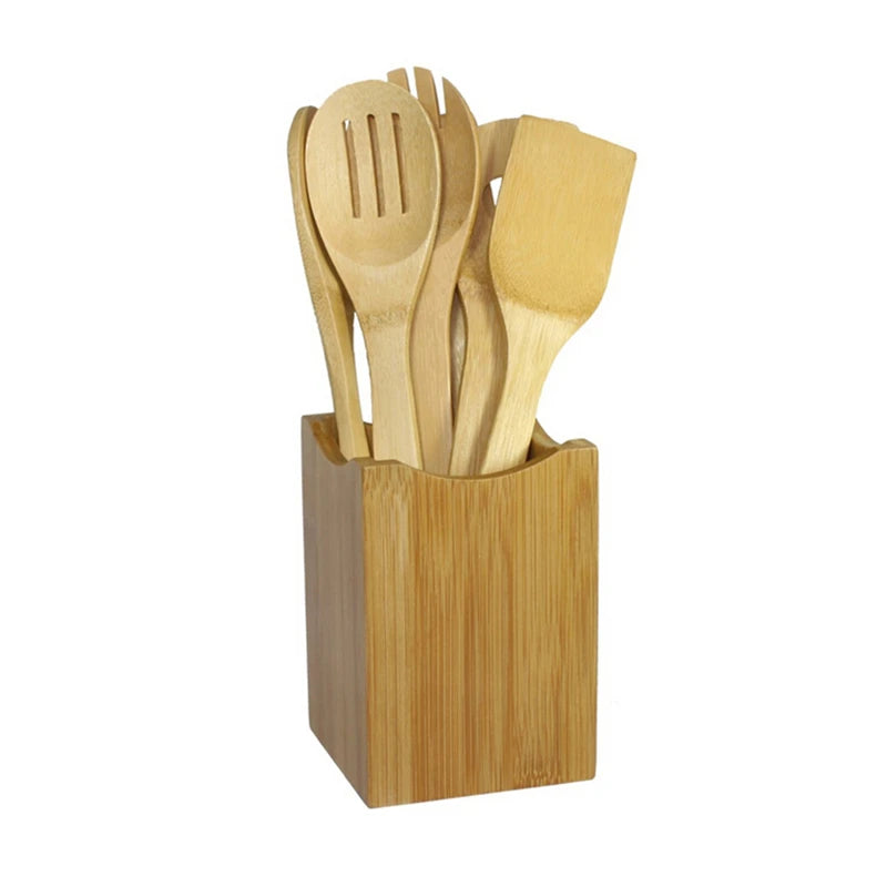 6PCS Bamboo Cooking Utensil Set – Wooden Spoons & Spatulas for Kitchen Mixing & Cooking