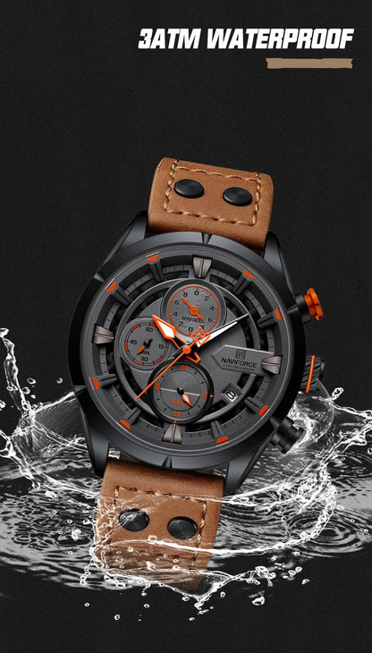 NAVIFORCE Men's Casual Watch – Luxury Waterproof Chronograph Quartz Wristwatch with Genuine Leather Strap