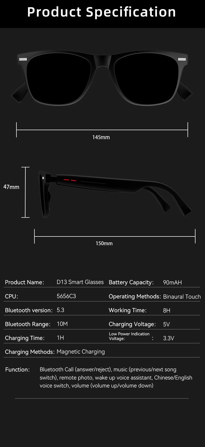 Smart Bluetooth Sunglasses for Men — Touch Control, Music & Calls, Remote Camera, Stereo Mic, AI Voice Assistant for Android & iOS