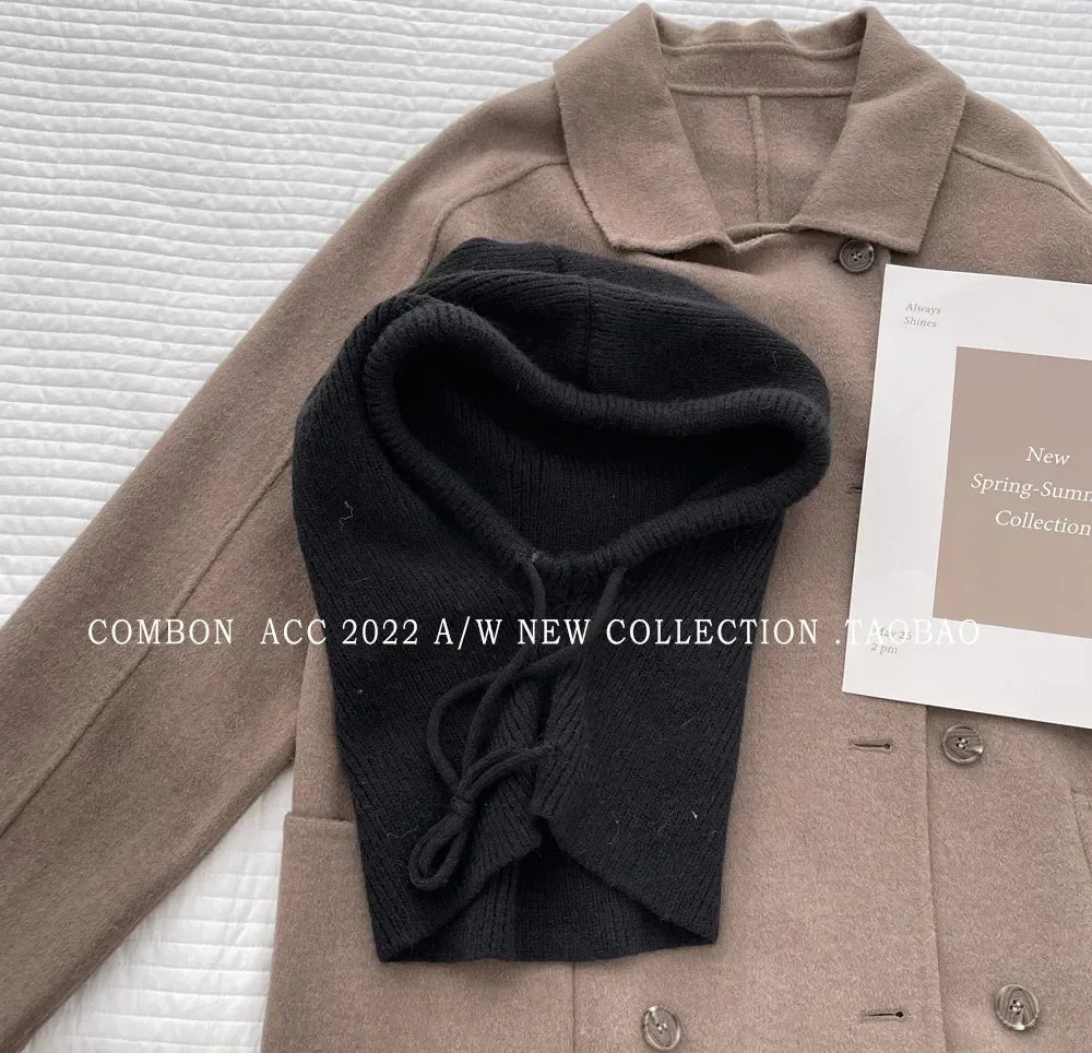 Knitted Hooded Balaclava Hats for Women – Korean Style Winter Outdoor Warmer, Drawstring Neck Collar Beanie Cap