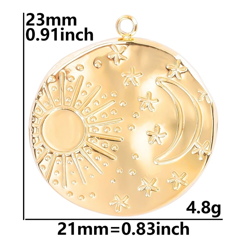 6pcs Real Gold-Plated Sun Charms - Stainless Steel Jewelry Making Pendants, Heart, Moon & Sunshine Design