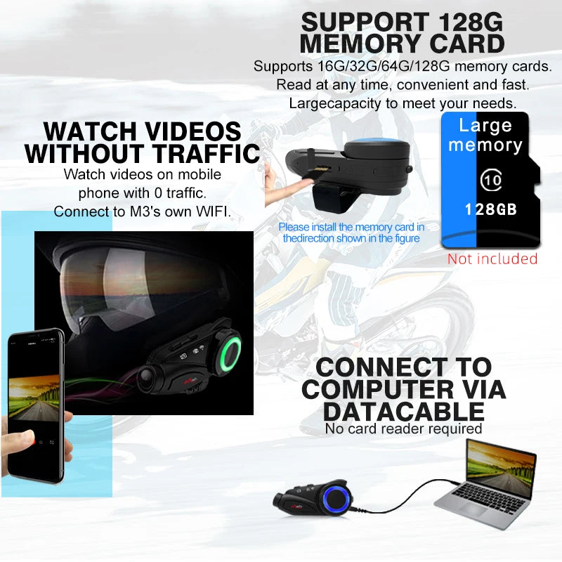 MAXTO M3 Motorcycle Helmet Bluetooth Headset — 1080P WiFi Video Recorder, Waterproof Intercom for 6 Riders, 1000m Range