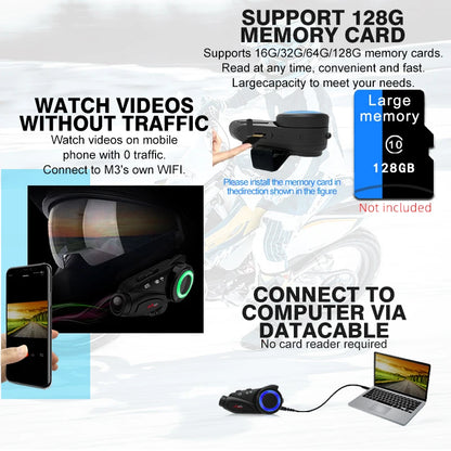MAXTO M3 Motorcycle Helmet Bluetooth Headset — 1080P WiFi Video Recorder, Waterproof Intercom for 6 Riders, 1000m Range