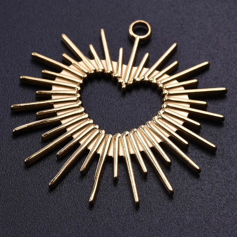 6pcs Real Gold-Plated Sun Charms - Stainless Steel Jewelry Making Pendants, Heart, Moon & Sunshine Design