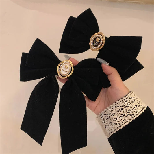 Black Velvet Bow Hair Pins – Elegant Fabric Alloy Rose Hair Clips for Women – Fashion Ponytail Barrette Headwear Accessories