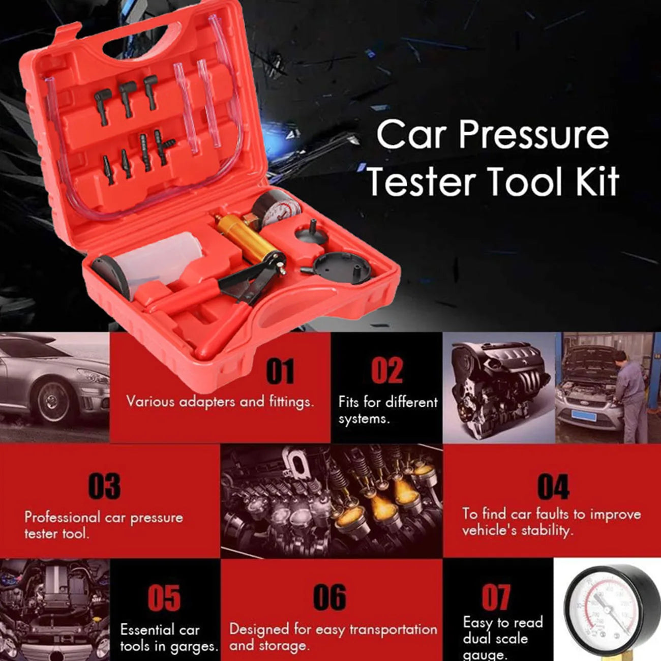 2 in 1 Brake Bleeder & Vacuum Pump Kit - Auto Brake Fluid Bleeding, Test, Purge, and Coolant Refill Tool with Gauge & Adapters