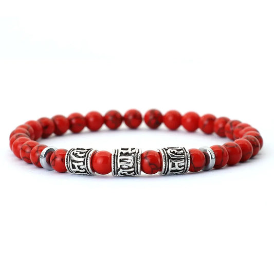 Noter Mantra Bracelet for Men – 6mm Howlite, Lava, and Tiger Eye Beads, Viking Accessories, Tibetan Bracelet