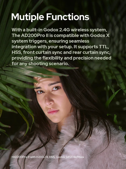 Godox AD200 Pro II Flash – 200Ws, 1/8000 HSS, 2980mAh Battery, 2.4G Wireless X System, Bi-Color Modeling Lamp Speedlight Flash