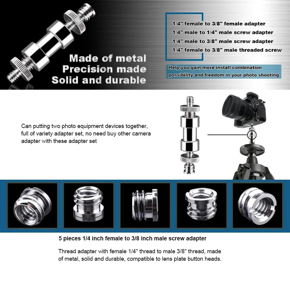 1/4" to 3/8" Female Screw Adapter – Metal Spigot Stud Male Converter for Flash, Light, Tripod & Photo Studio Accessories