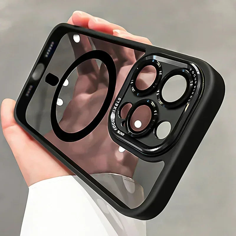Luxury Magnetic Metal Lens Case – Hard Clear Protective Cover for iPhone 16, 15, 14, 13, 12, 11 Pro Max with Wireless Charging