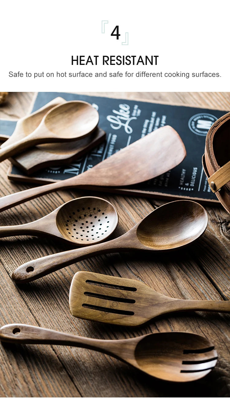 9PCS Teak Wooden Cooking Spoons Set – Kitchen Utensils with Holder