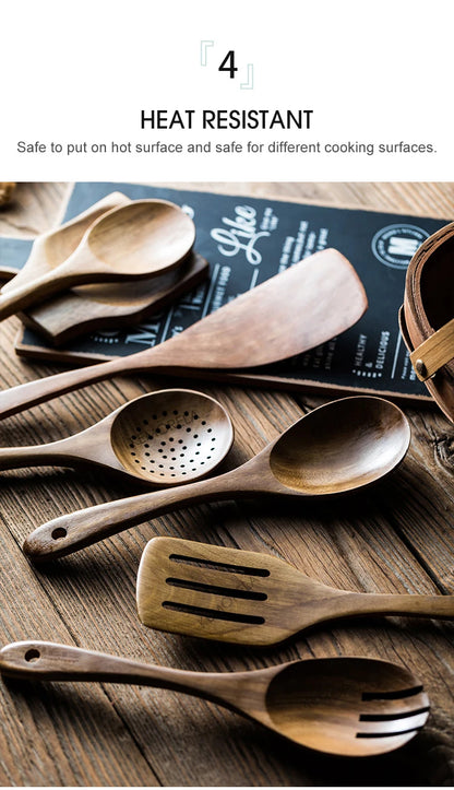 9PCS Teak Wooden Cooking Spoons Set – Kitchen Utensils with Holder