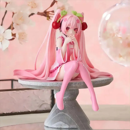 12cm Pink Hair Anime Figurine – Cute Sitting Pose TPR Model for Computer Case Decoration & Collectible Gifts