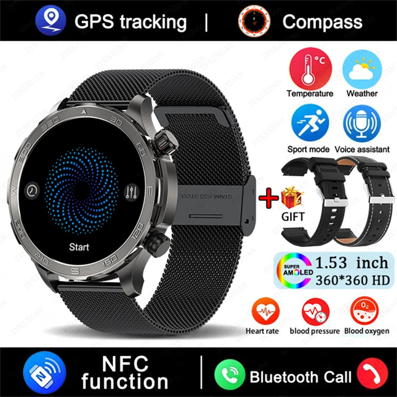 2025 New Bluetooth Call Smartwatch for Men – Huawei Compatible, AMOLED HD Large Screen, Heart Rate, NFC, IP68 Waterproof, GPS Sports Watch
