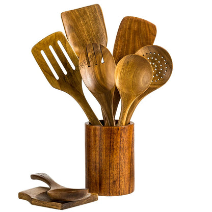 9PCS Teak Wooden Cooking Spoons Set – Kitchen Utensils with Holder