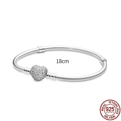 New 925 Sterling Silver Snake Chain Charm Bracelet – Fits Original 925 Pendant Charms & Beads, Heart Bracelet Jewelry for Women