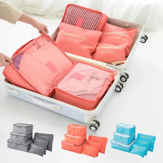 6 Pcs/Set Travel Storage Bag: Pink/Blue/Grey Large Capacity Waterproof Luggage Clothing Underwear Storage with Zipper