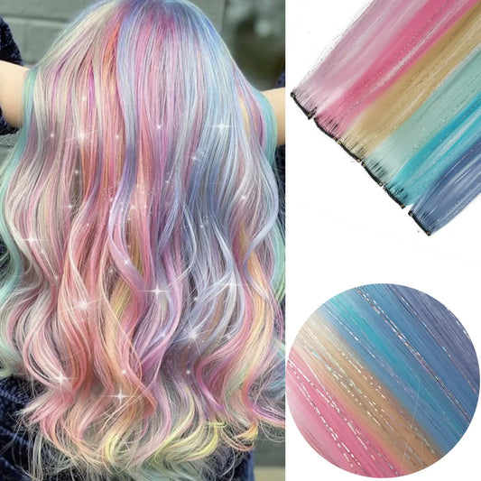 2-in-1 Rainbow Clip-In Hair Extensions with Silver Tinsel — Multicolor for Kids & Girls