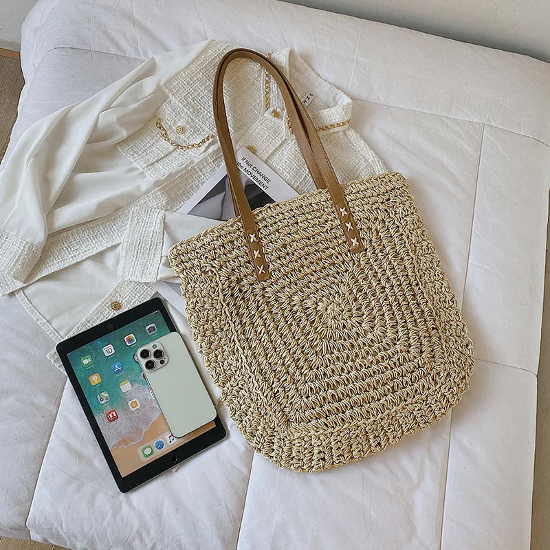 Handmade Woven Straw Beach Bag – Large Capacity Women’s Raffia Shoulder Tote for Summer Travel