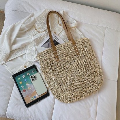 Handmade Woven Straw Beach Bag – Large Capacity Women’s Raffia Shoulder Tote for Summer Travel