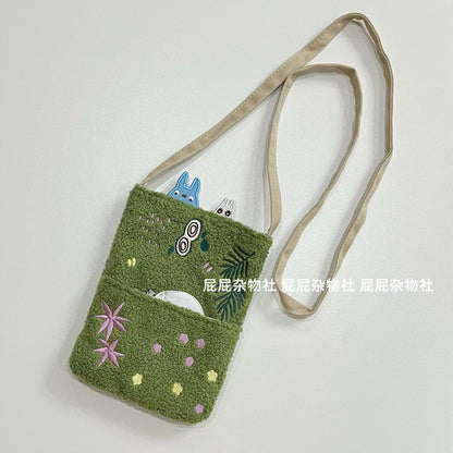 Cartoon Cat Embroidered Lamb Plush Handbag – Cute One-Shoulder Messenger Bag for Mobile Phone & Daily Use