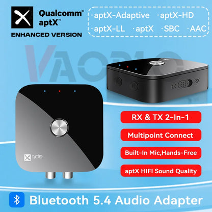 APTX Bluetooth 5.4 Audio Transmitter & Receiver | aptX Adaptive/HD/LL, 3.5mm AUX, 2-in-1 Wireless HiFi Stereo Adapter with Mic