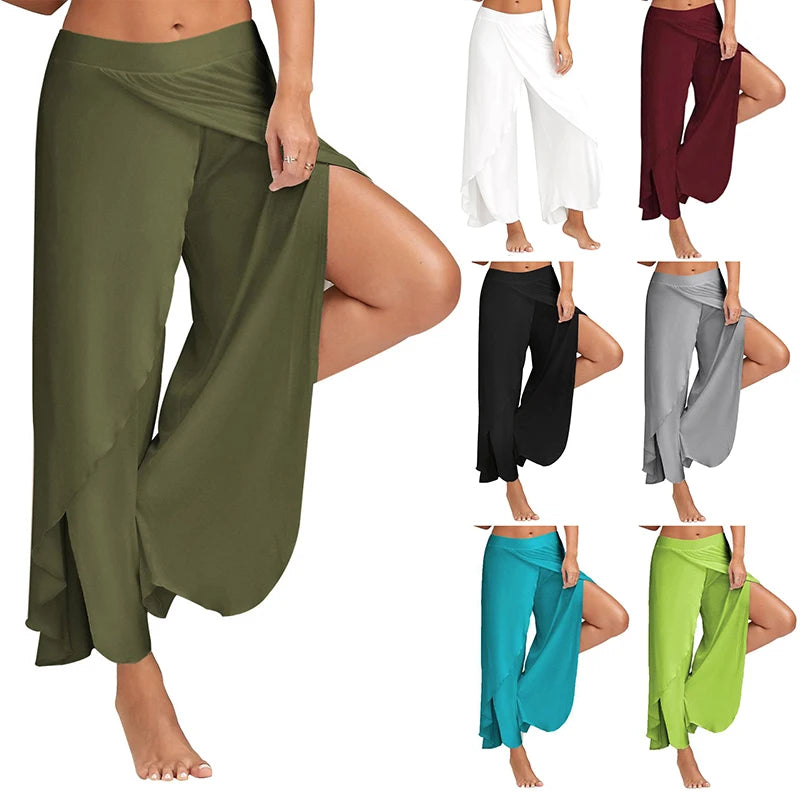Women’s Wide Leg Yoga Pants – Elastic Waist, Casual Loose Fit, Split & Harem Style Fitness Trousers in Solid Colors