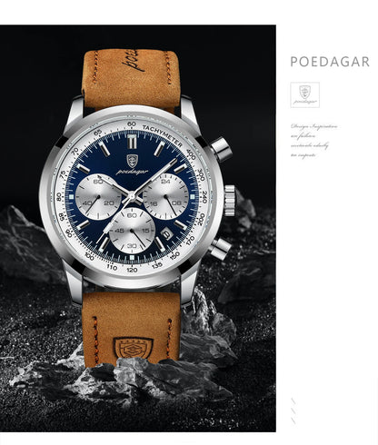 POEDAGAR Men's Luxury Sports Watch – Genuine Leather, Chronograph, Waterproof, Luminous Quartz Wristwatch