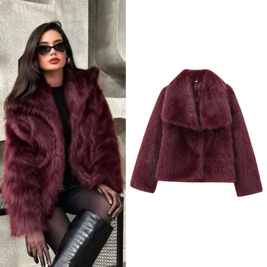HXAO Women's Fur Coat – 2024 Plush Burgundy Bomber Jacket, Solid Crop Long Sleeve Warm Winter Casual Coat