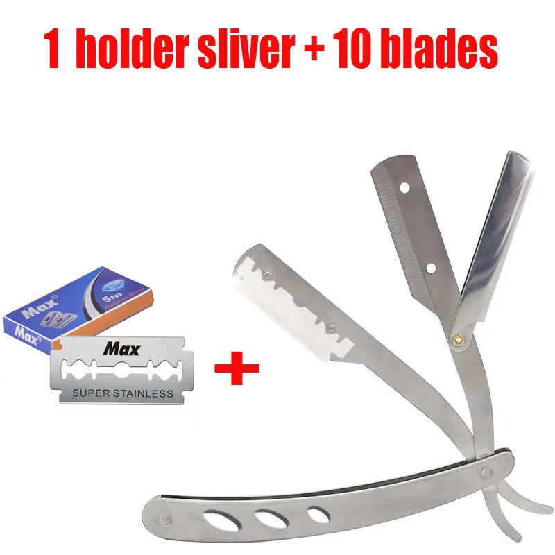 1 Holder + 10/20 Blades Straight Folding Shaver — Men's Manual Razor with Sharp Barber Blade