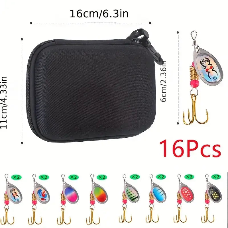 16PCS Metal Spinnerbait Lure Set with Carry Bag — Artificial Fishing Lures for Pike, Bass & Trout