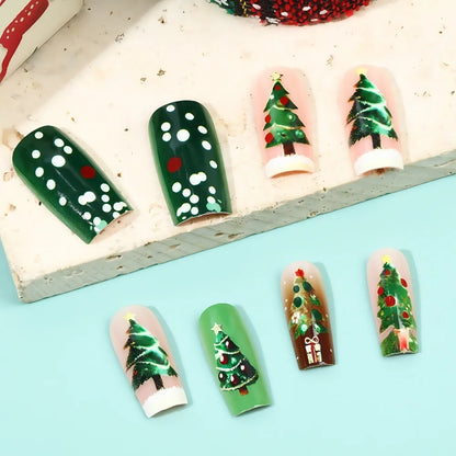Medium Long Christmas Fake Nails – Square & Almond Tips with Tree, Snowflake & Snowman Designs