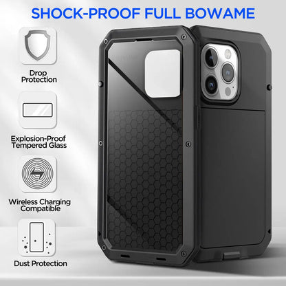 Heavy Duty Aluminum Metal Case for iPhone 16/15/14/13/12/11 Pro Max – Shockproof Gorilla Glass Cover for iPhone XS Max/XR/7/8