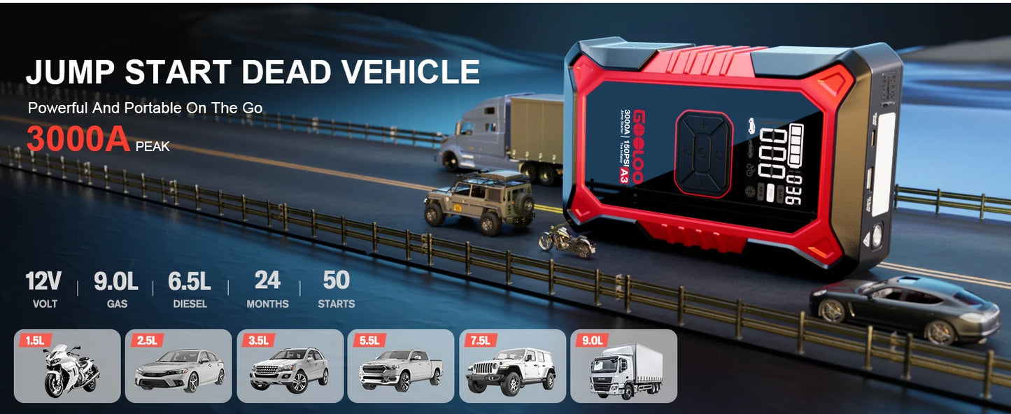 GOOLOO A3 3000A Jump Starter with Air Compressor – Portable Car Battery Booster for 9.0L Gas & 6.5L Diesel, 150PSI with Auto Shut-Off