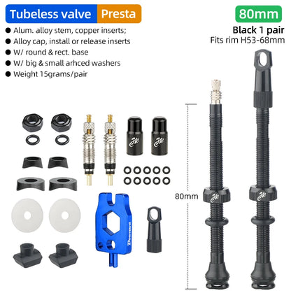 Bicycle Tubeless Presta Valve – Carbon Rim F/V Nipple with Detachable Brass Core & Cap for MTB Tires (40–80mm)