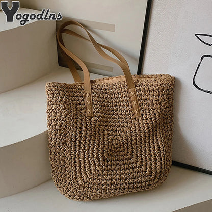 Handmade Woven Straw Beach Bag – Large Capacity Women’s Raffia Shoulder Tote for Summer Travel