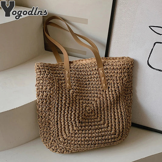 Handmade Woven Straw Beach Bag – Large Capacity Women’s Raffia Shoulder Tote for Summer Travel