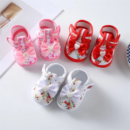 0-18 Months Baby Girls Soft Sole Shoes – Bowknot Flower Print, Non-Slip First Walkers for Indoor & Outdoor