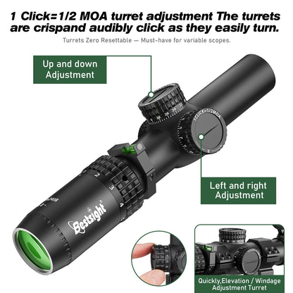1-5X24 Tactical Rifle Scope – Red & Green Illuminated Reticle for AR15 Hunting