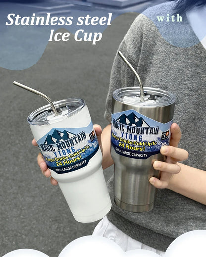 Magic Stainless Steel Thermos Cup with Straw – Vacuum Insulated Ice Coffee Travel Bottle for Car, Outdoor & Mountain Use