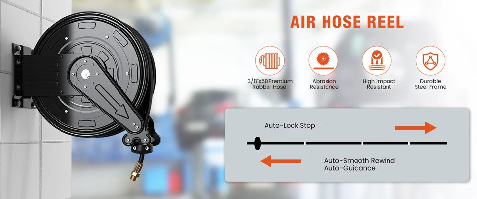 50FT Auto-Retractable Pressure Washer Hose Reel – Heavy Duty 300 PSI Steel Dual Arm Hose for Power Washers