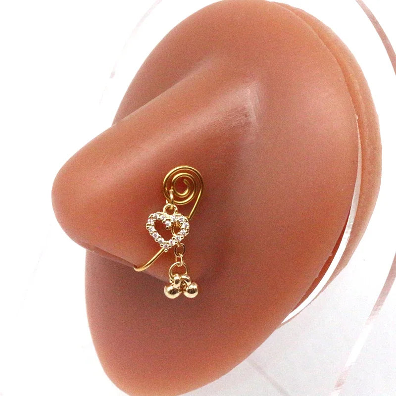 Nose Cuffs Fake Nose Ring – Brass Thread Bead Dangle Copper Clip-On Non-Piercing Body Jewelry for Women