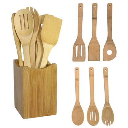 6PCS Bamboo Cooking Utensil Set – Wooden Spoons & Spatulas for Kitchen Mixing & Cooking