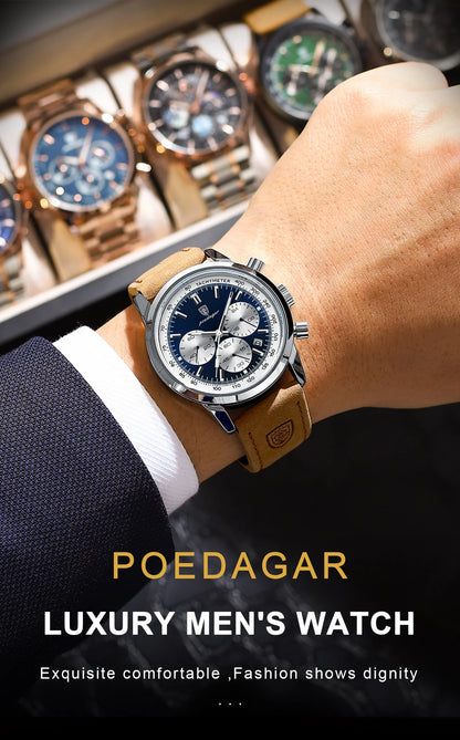 POEDAGAR Men's Luxury Sports Watch – Genuine Leather, Chronograph, Waterproof, Luminous Quartz Wristwatch