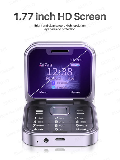 SERVO I16 Pro Mini Fold Mobile Phone — Dual SIM 2G GSM Flip Cellphone with Speed Dial, FM, 3.5mm Jack & Video Player